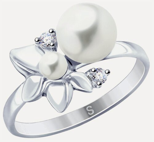 Изображение товара Кольцо, серебро, 925 проба, родирование, фианит, жемчуг Swarovski синтетический