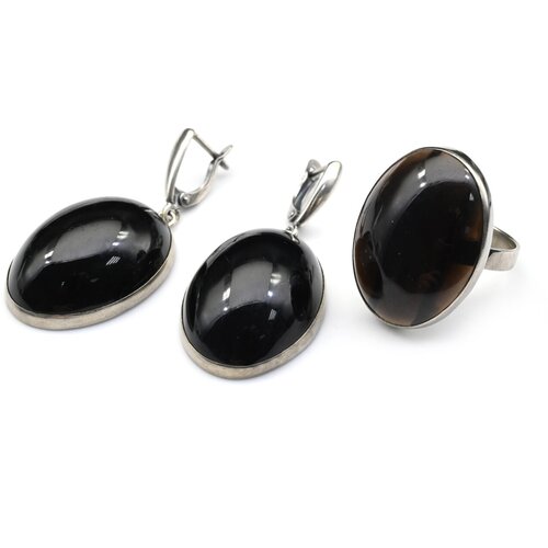 Комплект бижутерии: кольцо, серьги, морион, размер кольца 18, черный