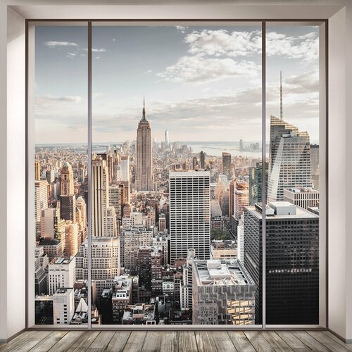 Моющиеся виниловые фотообои GrandPiK Нью-Йорк сквозь панорамное окно, 300х300 см