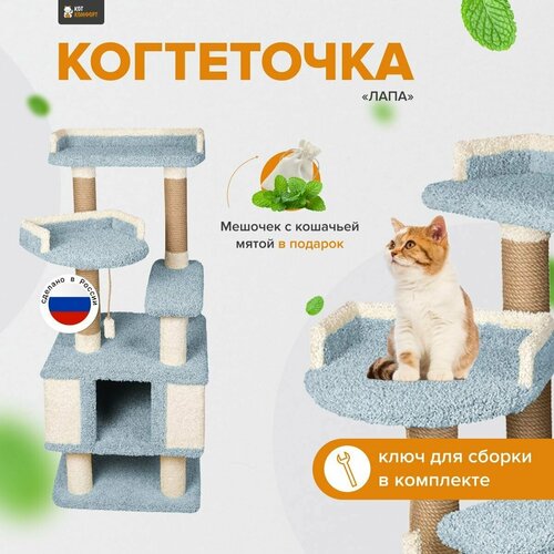 Игровой комплекс для кошек с домиком и игрушкой, высокая когтеточка Лапа голубой