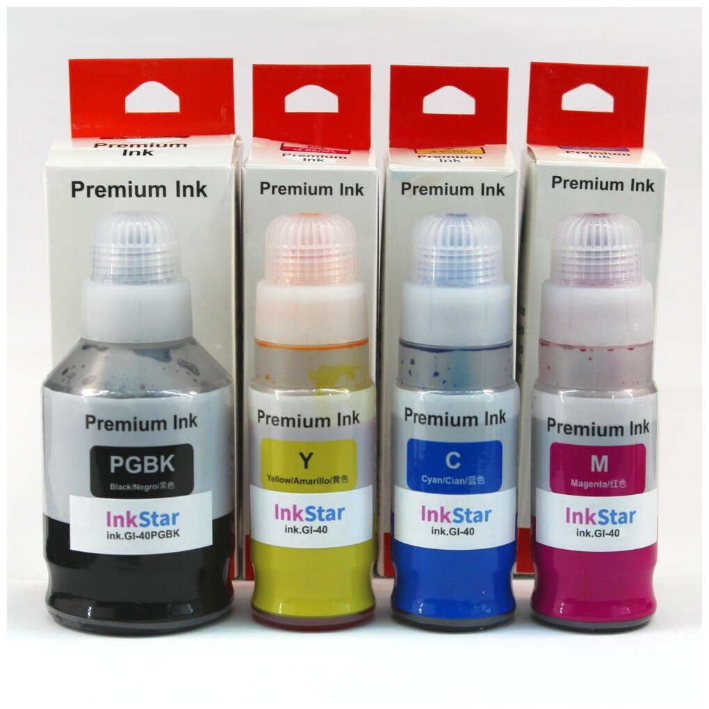 Чернила для Canon PIXMA G5040, G6040, GM2040, пигментные водостойкие + цветные водные, 1x170 + 3x70 мл, совместимые InkStar Премиум GI-40, ink.GI-40-4