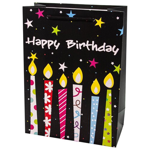 фото Пакет подарочный, с днем рождения! (разноцветные свечи), черный, с блестками, 32*26*10 см, 1 шт. дон баллон