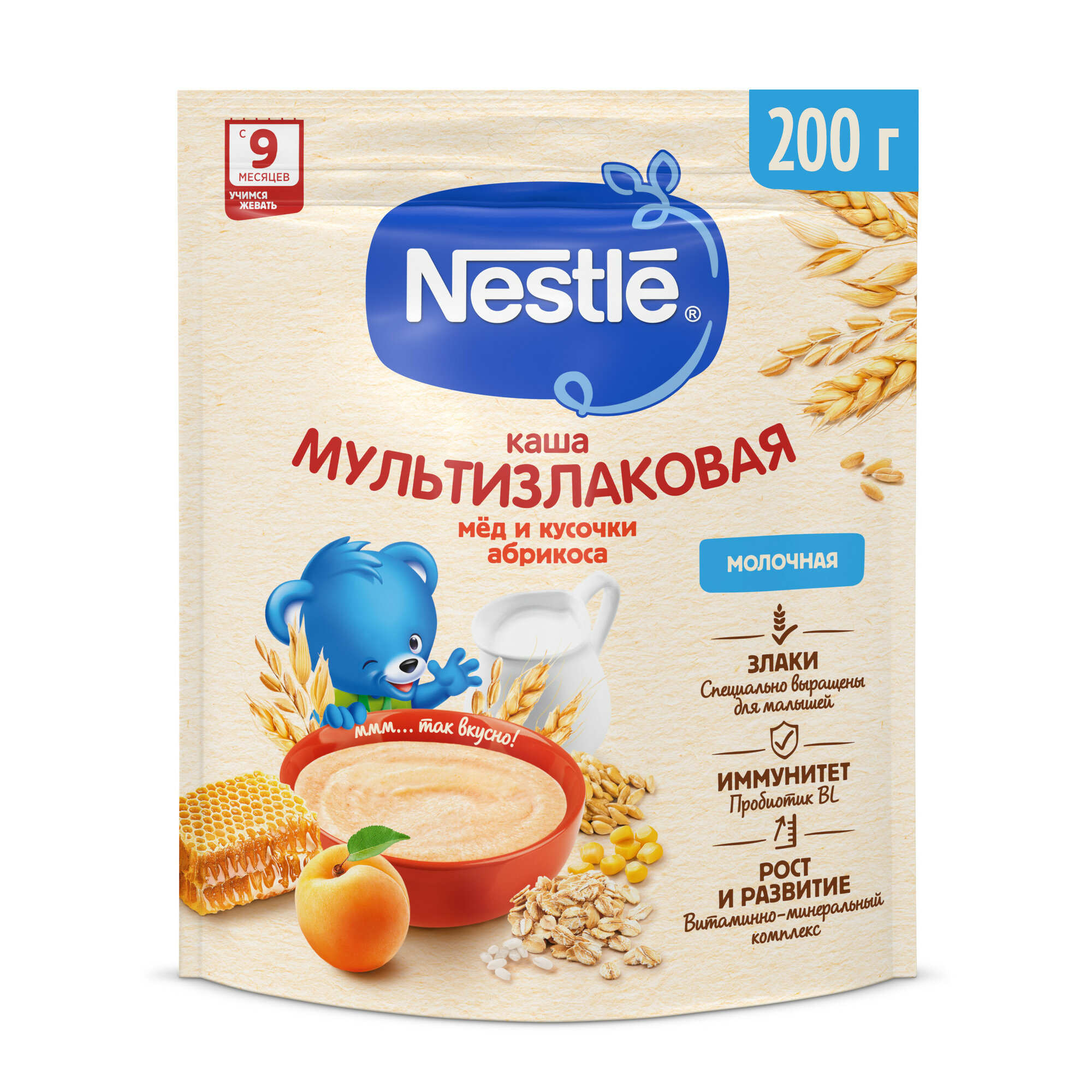 Каша Nestlé молочная мультизлаковая с медом и кусочками абрикоса, с 9 месяцев