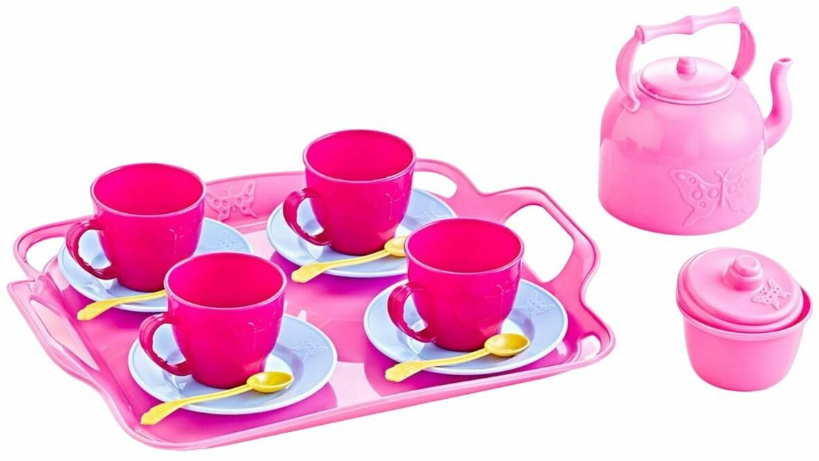 Детский игровой набор посуды "Чайный" на подносе, пластиковый сюжетно-ролевой набор для девочек на 4 персоны, 17 предметов