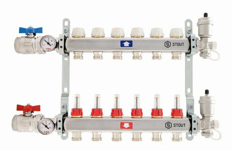 Stout Коллектор из нержавеющей стали в сборе с расходомерами 6 выходов