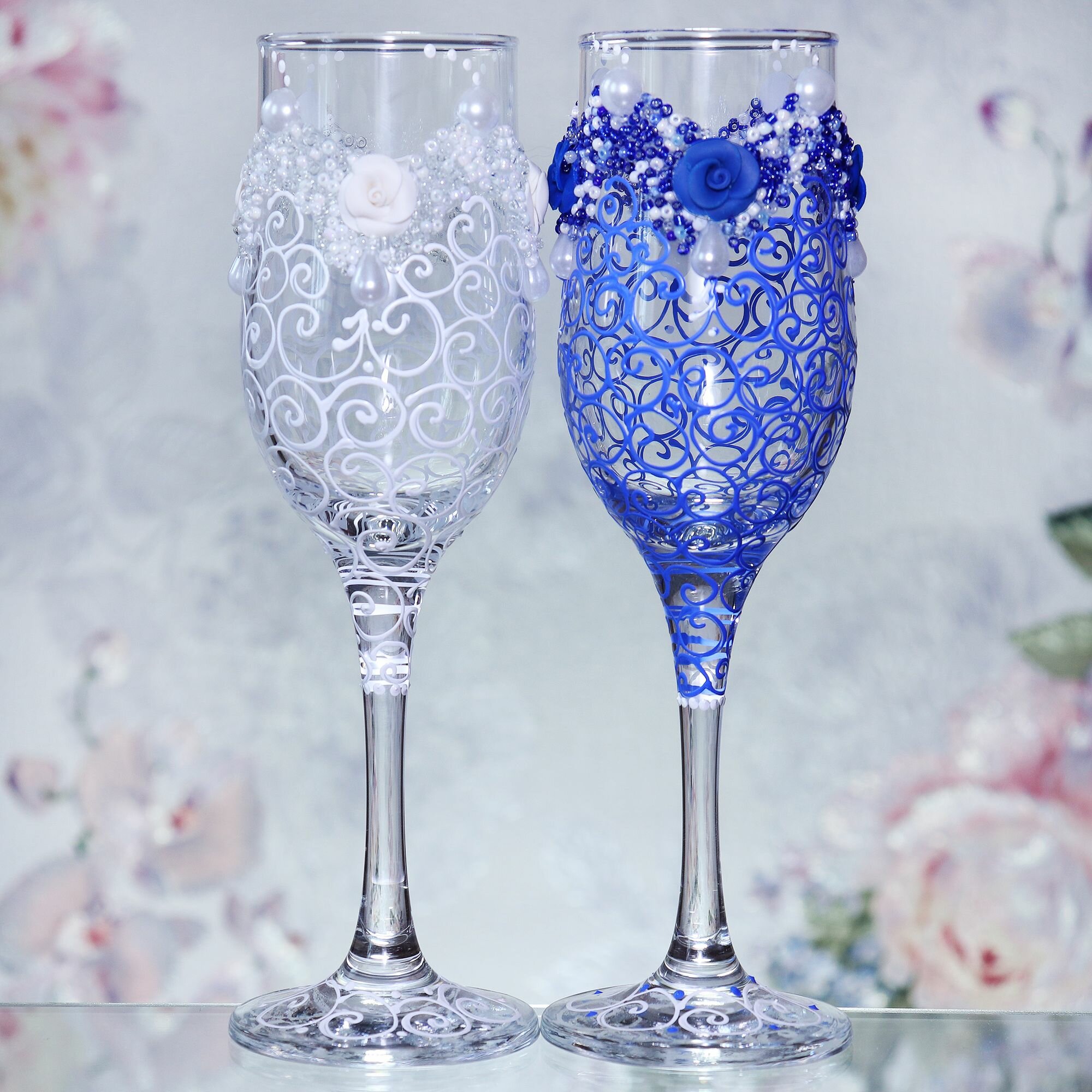 Свадебные бокалы для шампанского "Бело Синий Узор"