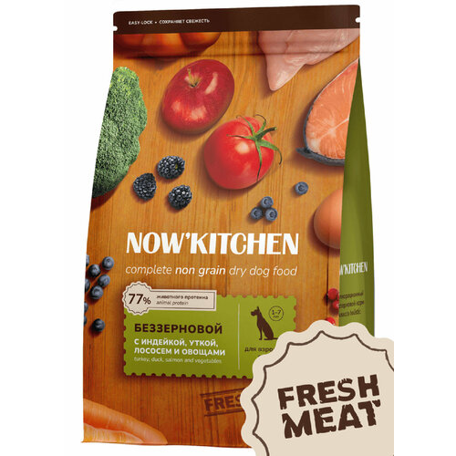 NOW'KITCHEN Беззерновой корм для взрослых собак со свежей индейкой, уткой, лососем, Fresh Grain-free Turkey, Duck&Salmon, Adult, 9,98 кг
