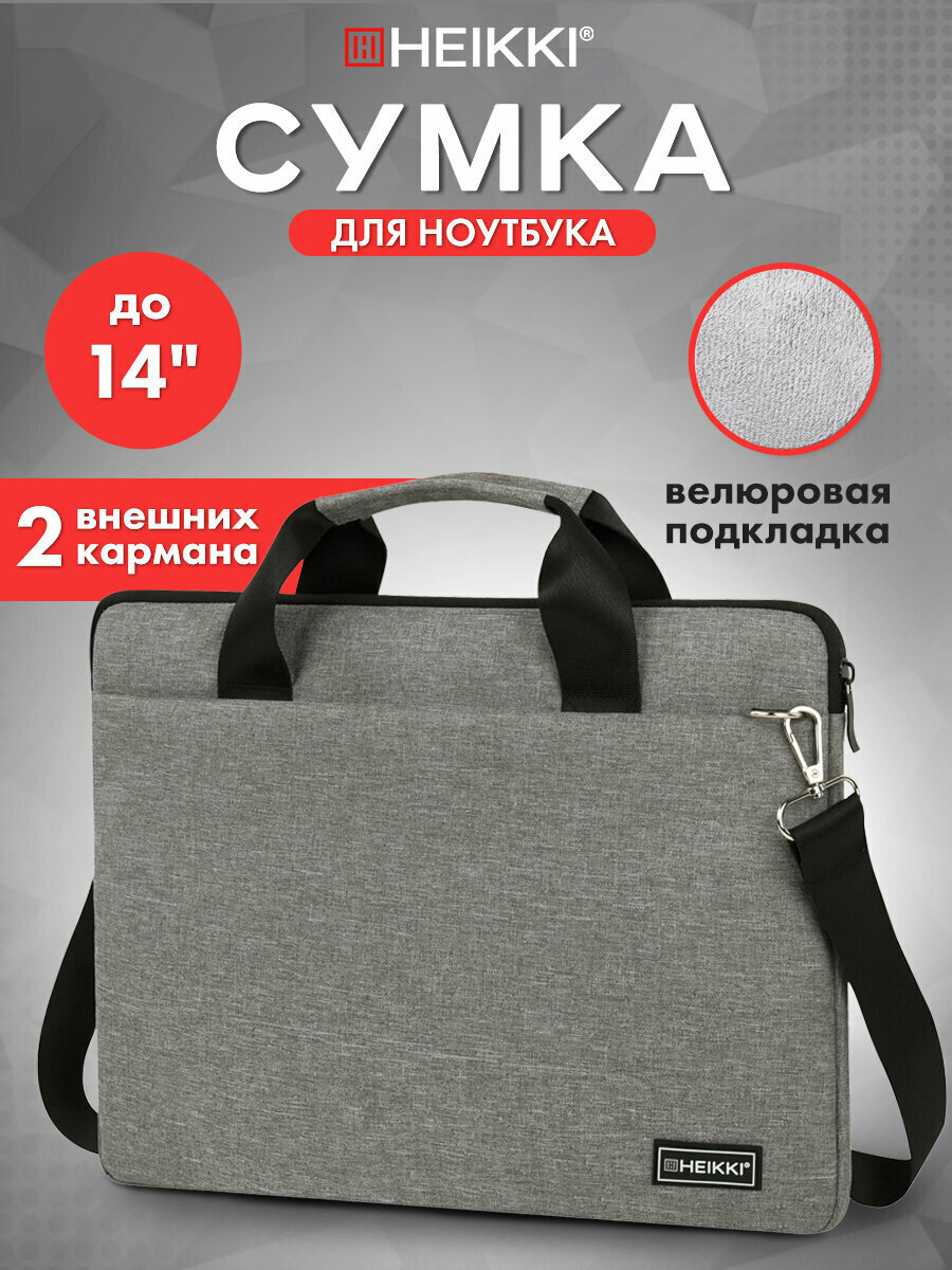 Сумка портфель Heikki Profitable (хейки) с отделением для ноутбука 14", 2 кармана, серая, 26х36х3 см, 272597