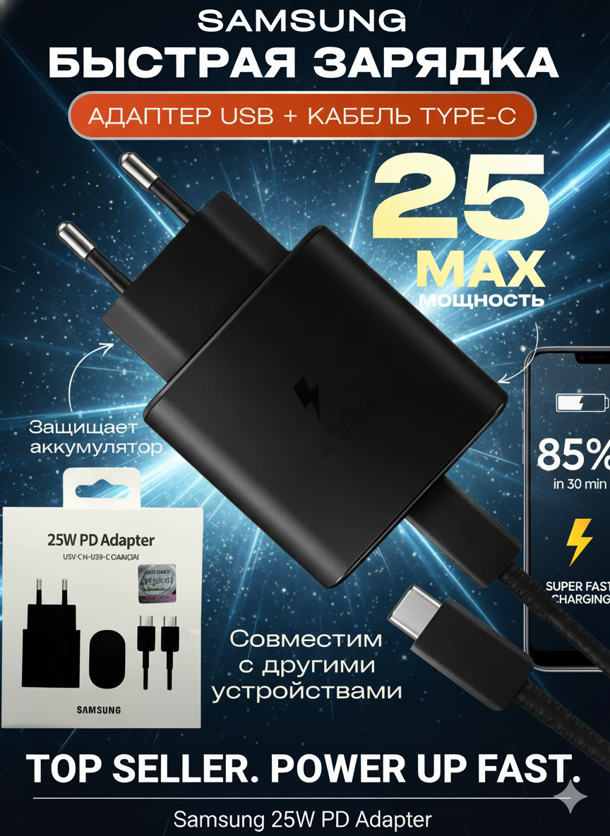 Зарядное устройство Samsung, адаптер 25 Вт, кабель USB-C на USB-C (3А)