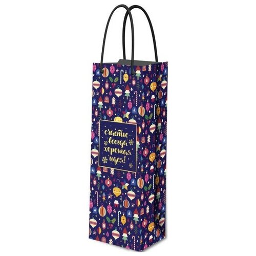 фото Пакет подарочный для вина, новогоднее счастье, синий, 36*13*8 см, 1 шт. дон баллон