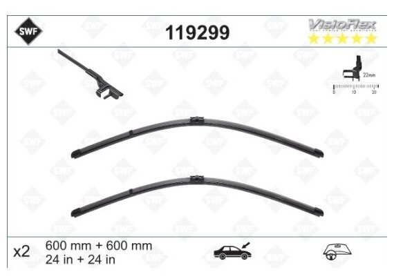 Щетка стеклоочистителя Swf Aero Visioflex 600/600 мм, бескаркасная, комплект 2 шт, 119299
