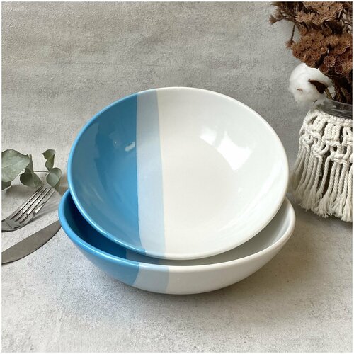 Набор тарелок глубоких белых с голубыми полосками, 2 шт, керамика, диаметр 19,5 см, объем 800 мл