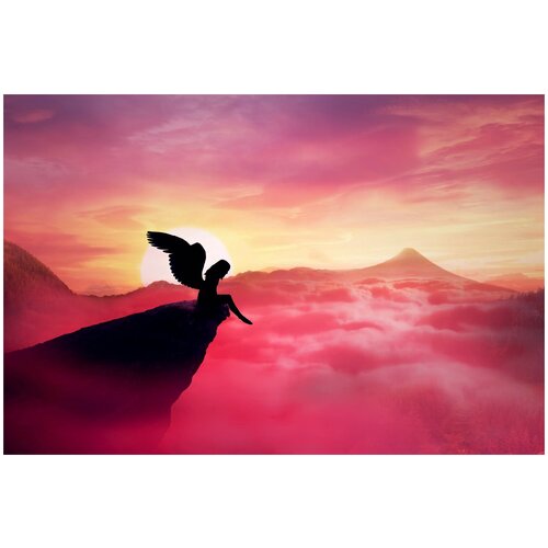 фото Постер на холсте женщина с крыльями на скале 75см. x 50см. твой постер