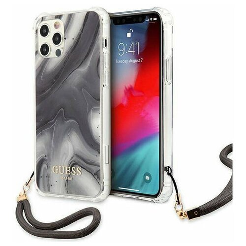 фото Чехол cg mobile guess pc/tpu marble hard + nylon hand cord для iphone 12/12 pro, цвет серый (guhcp12mksmagr)