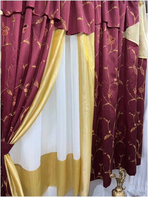 Комплект коротких штор «Бардовые листья» Дизайн студия Марлен 2 шторы 180см 1 тюля 300 см