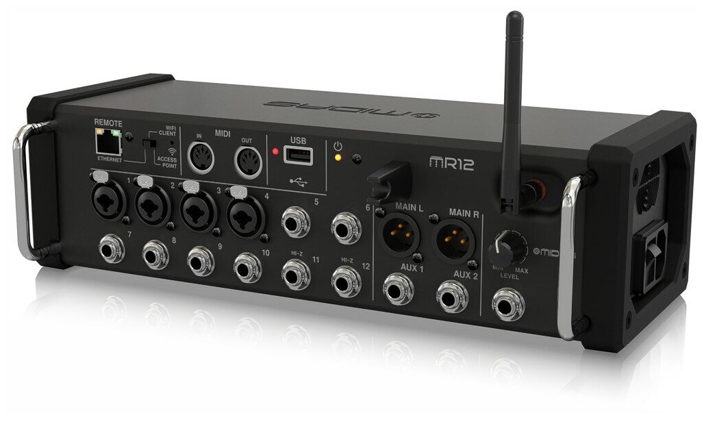 MIDAS MR12 цифровой микшер 4 мик Midas XLR + 8 лин Jack Main L/R XLR Aux 1-2Jack 16 кан/4FX/6BUS ETHERNETWiFiUSB-стерео зап вых.дин.диап.120дБ