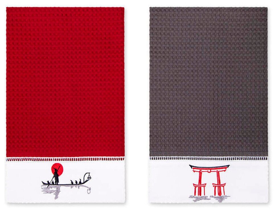 Комплект полотенец вафельных BELLEHOME с вышивкой "Red Sun", 50х70 см, 2 шт, 100% хлопок