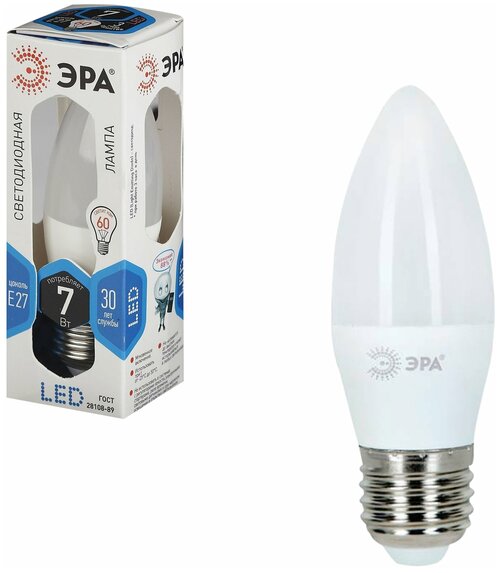 Лампа светодиодная ЭРА, 7 (60) Вт, цоколь E27, «свеча», холодный белый свет, 30000 ч., LED smdB35-7w-840-E27