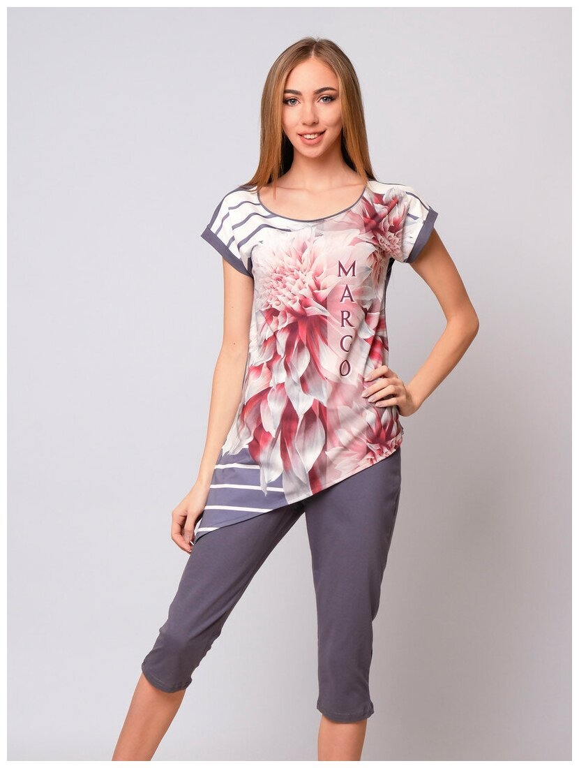 Комплект женский "георгин" футболка+бриджи кулирка+микрофибра серый