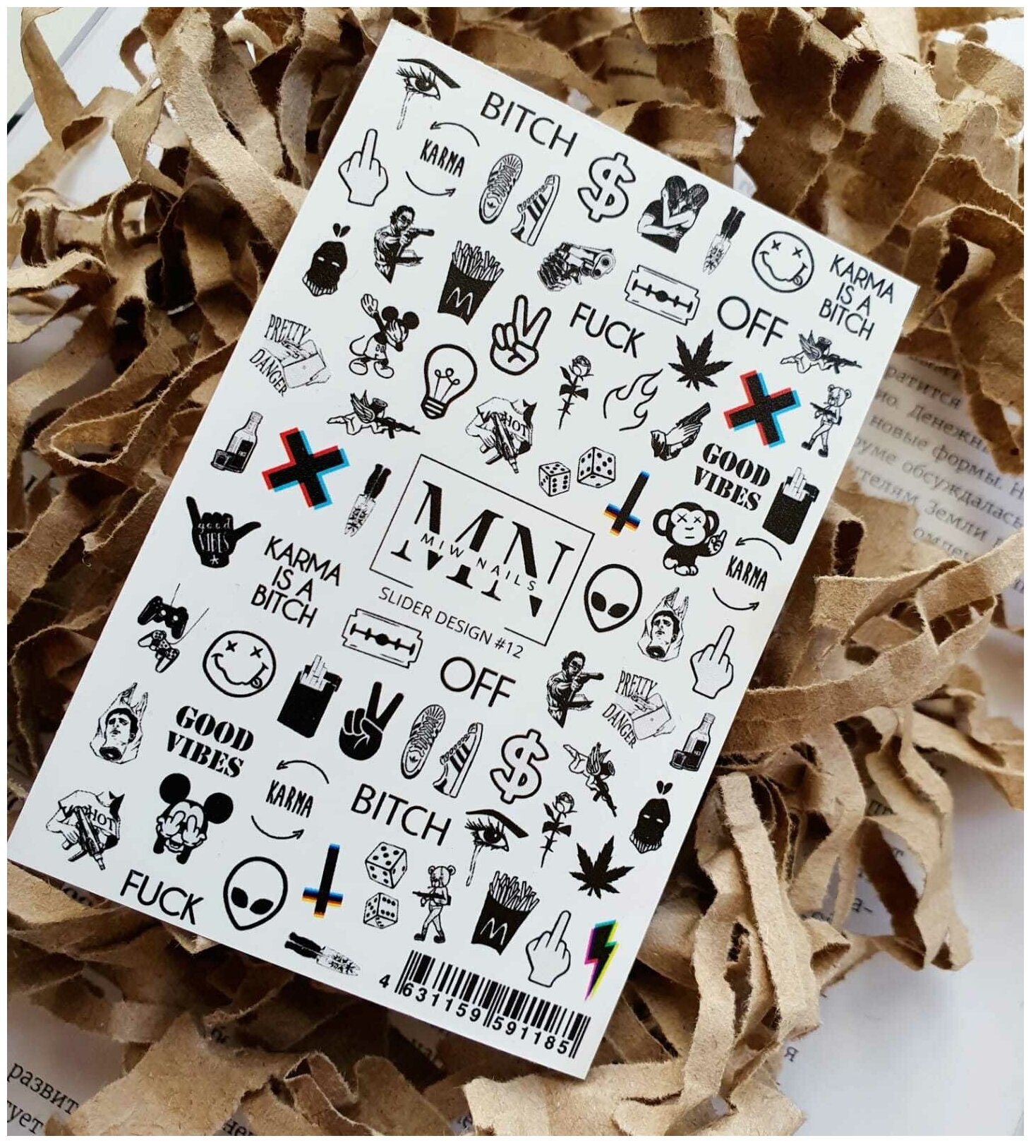 MIW Nails "Слайдеры для ногтей" водные наклейки для дизайна #12 черно-белый bad girl 18+