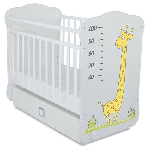 Кровать детская СКВ-4 с маятником и ящиком,опуск.планка,фотопечать Жираф,белый