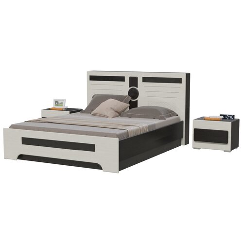 Кровать с подъёмным основанием и двумя тумбочками Престиж 1600 цвет венге цаво/жемчужный лён