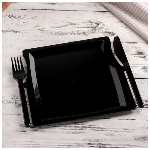 Комбо-тарелка одноразовая 3 в 1: тарелка, вилка, нож, квадратная, цвет чёрный