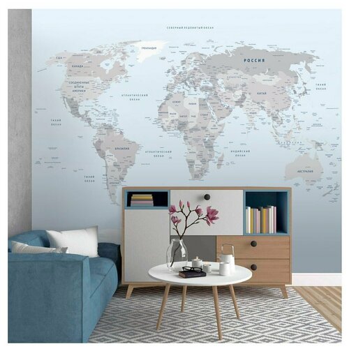 фото Фотообои политическая карта мира в серых тонах на голубом фоне/ красивые стильные обои на стену в интерьер комнаты/ детские для мальчика для девочки, для подростков/ на кухню в спальню детскую зал гостиную прихожую/ размер 300х270см/ флизелиновые топ фотообои,топ фотообои