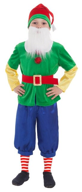 Карнавальный костюм "Гном зелёный", колпак, жакет, бриджи, борода, пояс, р. 28, рост 98-104 см