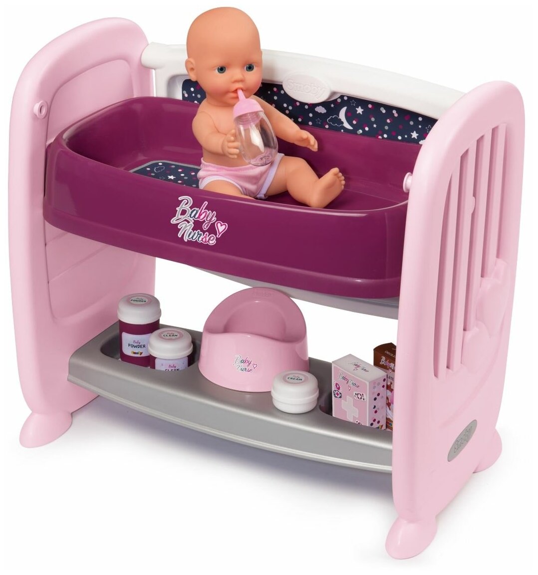 Кроватка для пупса 2 в 1 с регулируемой высотой Baby Nurse, Smoby (игровой набор, кукла, 8 аксессуаров, 220353)