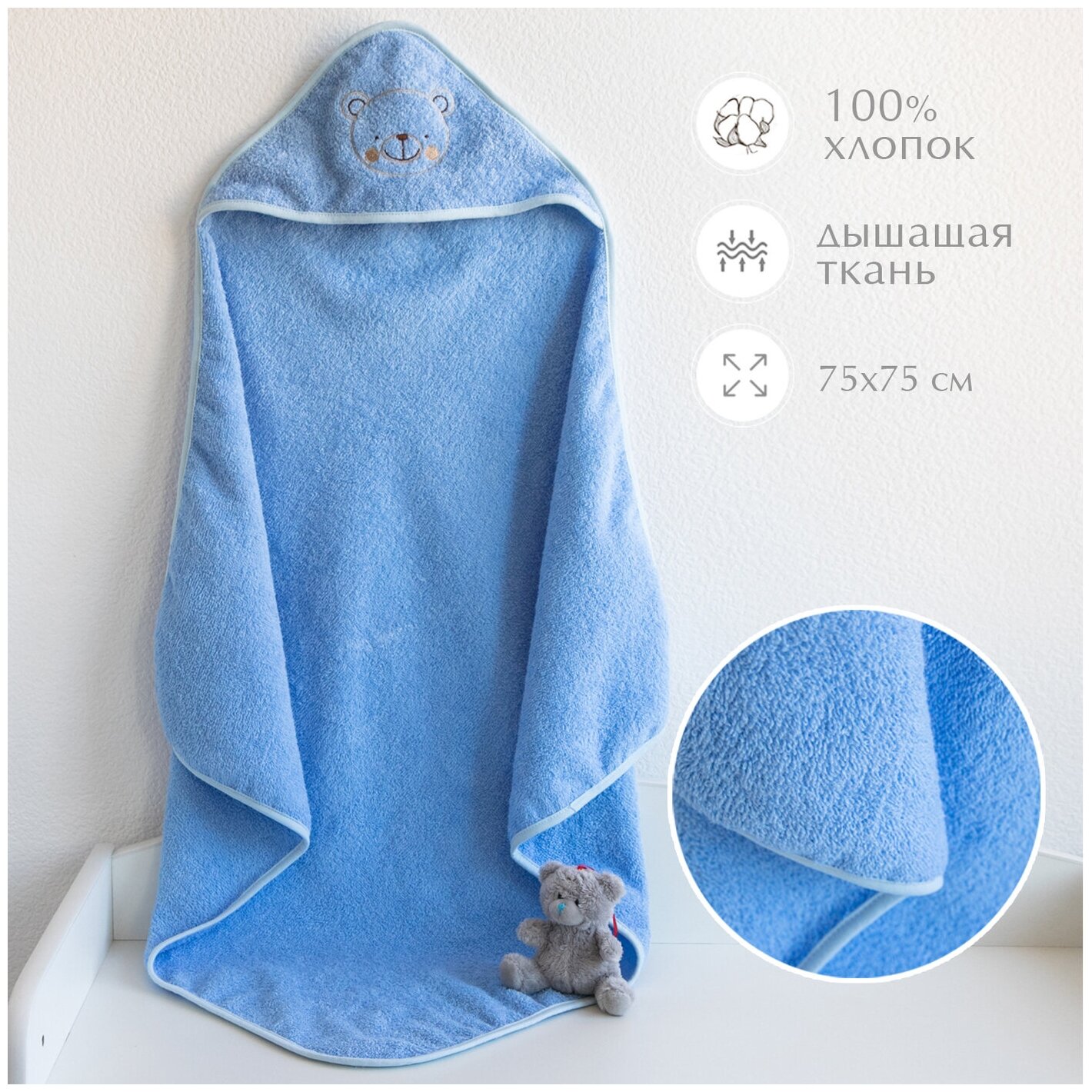 Полотенце для новорожденного с капюшоном детское махровое 75x75 см, полотенце уголок для новорожденного, для бассейна