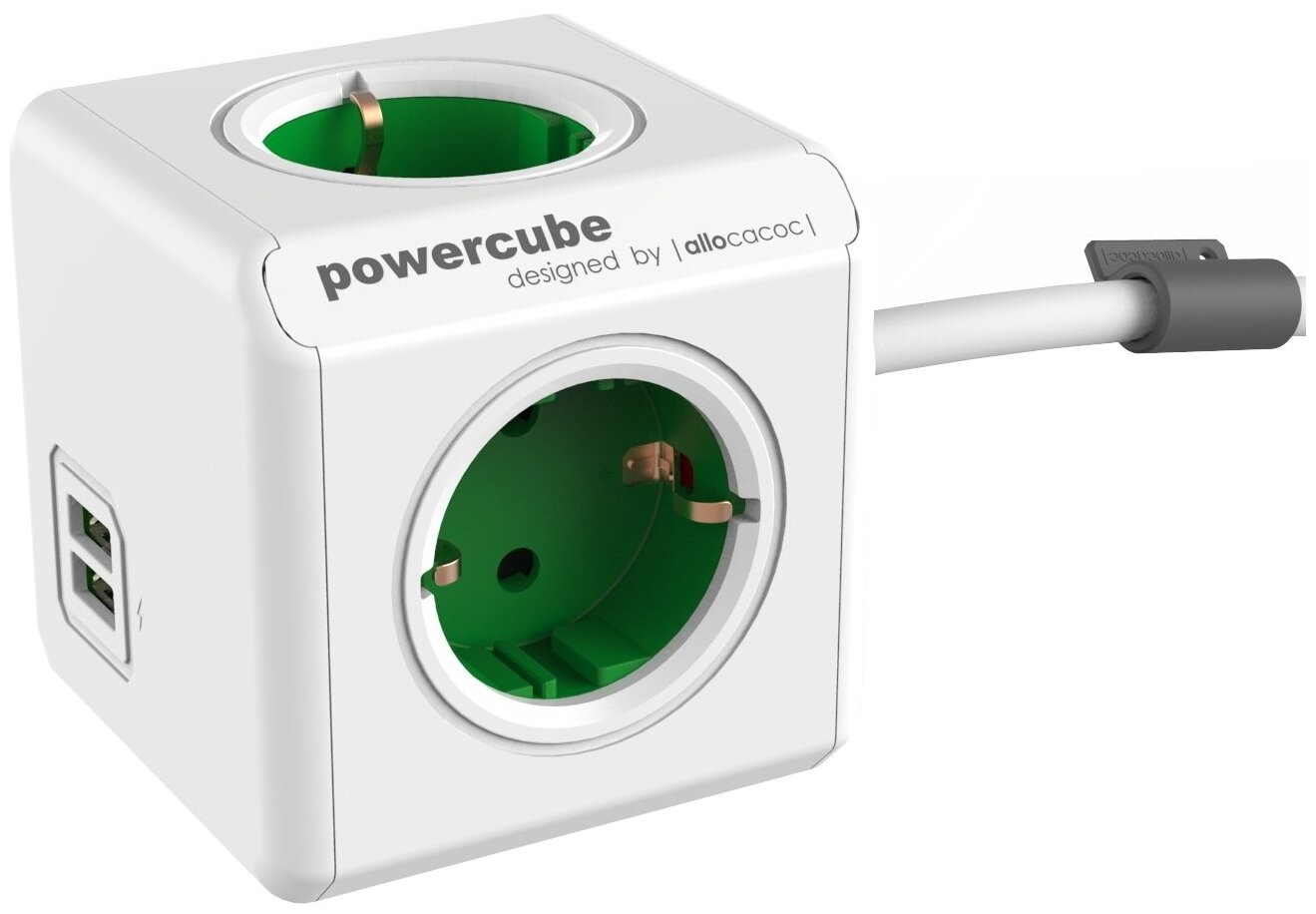 Allocacoc PowerCube Extended USB 1402, 4 розетки, с/з, 16А / 3680 Вт 4 1.5 м 3 м² белый/зеленый