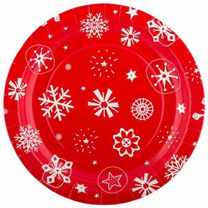 Фото Тарелки бумажные Boomzee круглые, 6*6 шт, 12-снежинки на красном фоне (TRL-02)