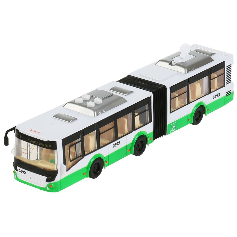 Модель Технопарк Сочлененный автобус, инерционный, пластиковый, свет, звук ВUSRUВ-30РL-GNWН