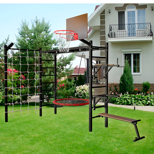 Уличная шведская стенка Sv Sport рукоход с комплектом турник прямой и сеткой У5535К (ступени Чёрные / Качели-гнездо 1.0м)