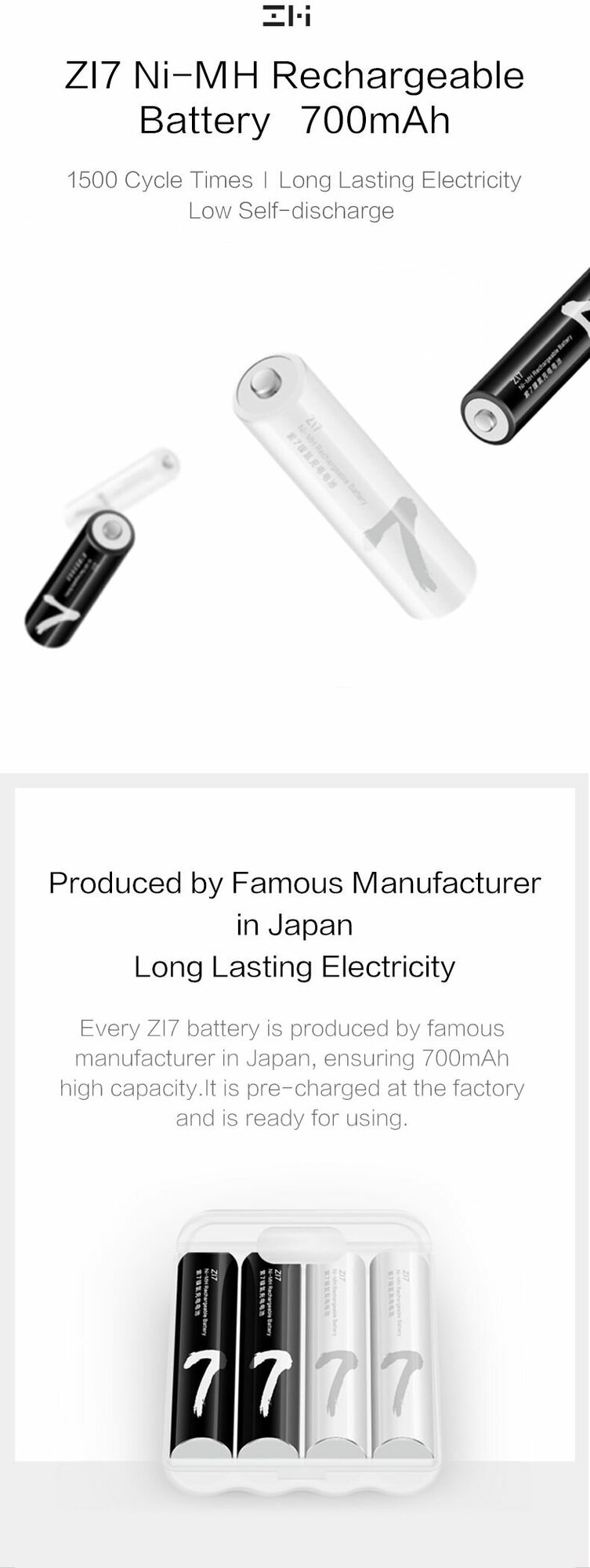 Аккумуляторные Батареи Xiaomi Аккумуляторные батарейки Xiaomi ZMI ZI7 Ni-MH Rechargeable Battery HR03 (4 шт.) тип ААА, шт ZMKAA711CNCM