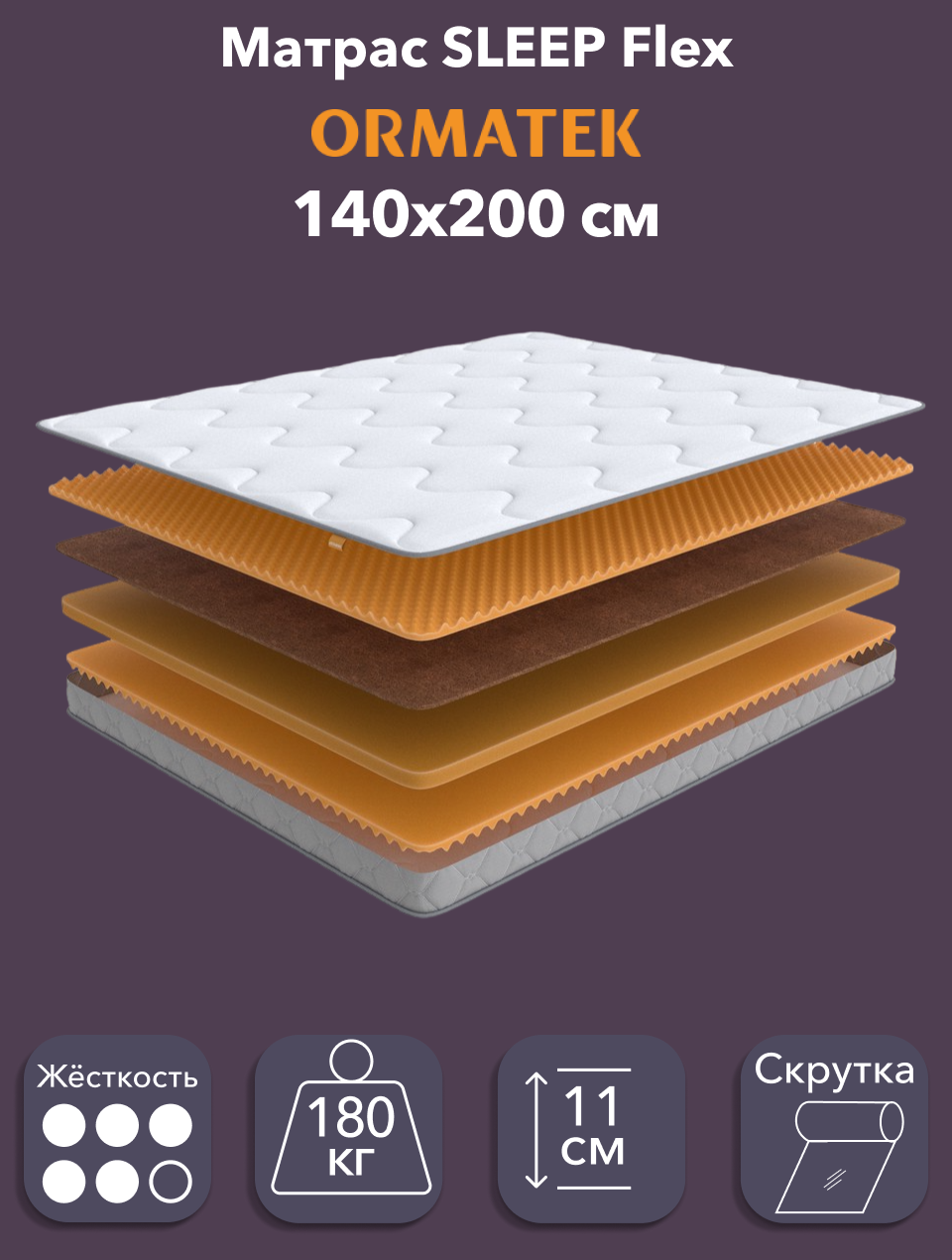 Орматек Матрас SLEEP Flex, Беспружинный, 140х200 см, Двуспальный двусторонний анатомический тонкий матрас на кровать с массажным эффектом