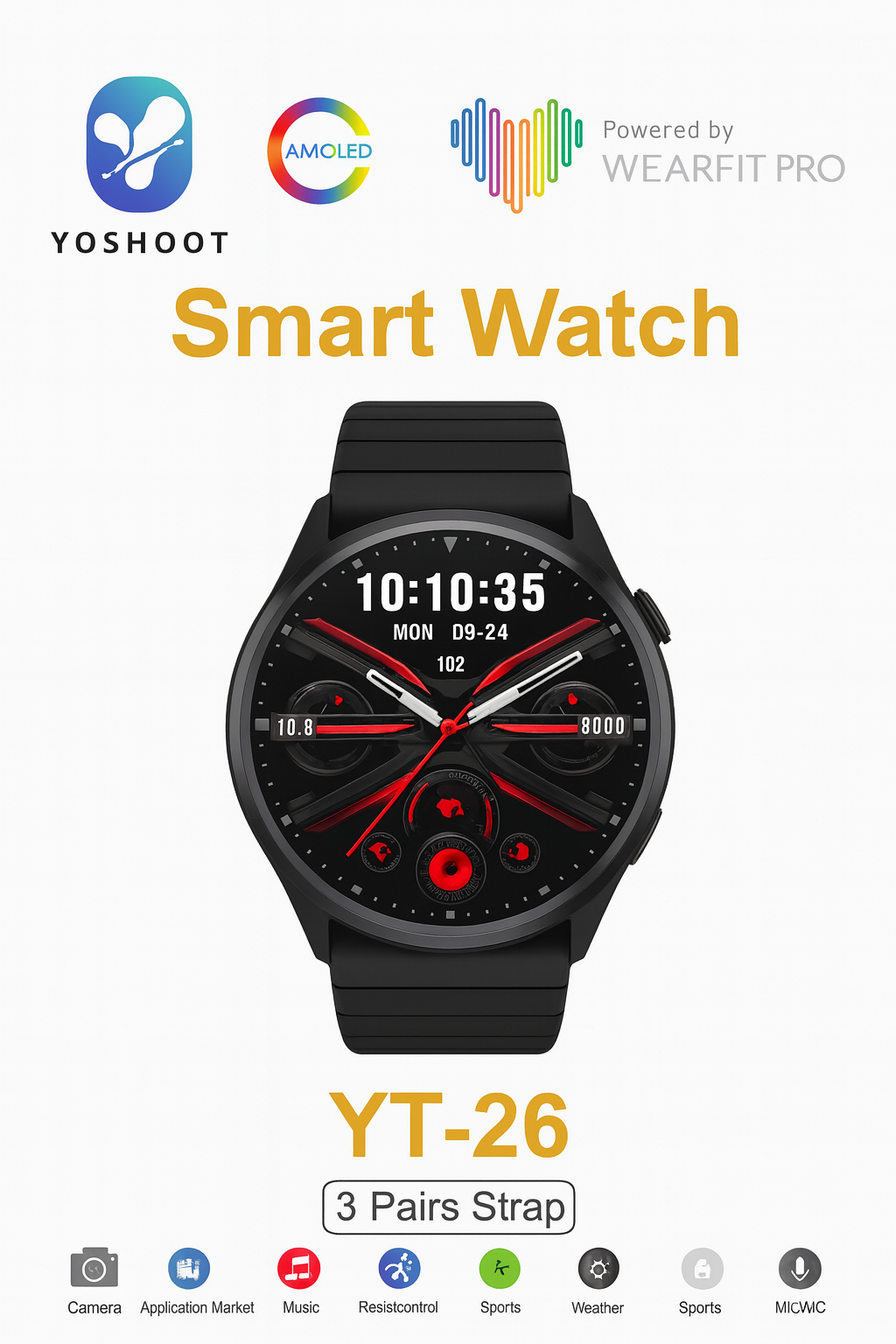 YOSHOOT YT-26 Смарт-часы — AMOLED, WearFit Pro, IP67, 3 ремешка