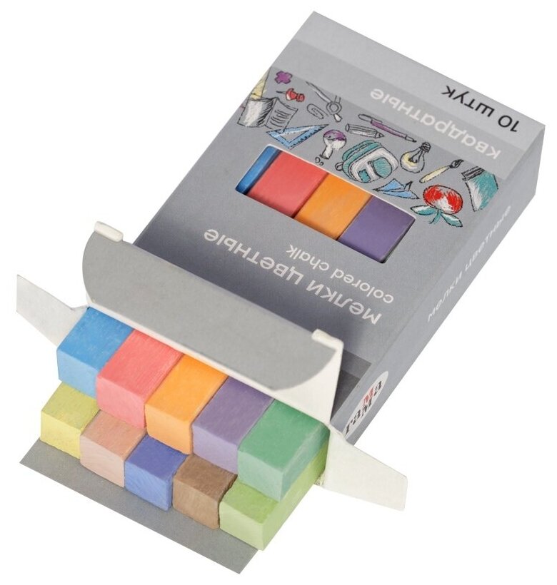 Мелки школьные Гамма цветные, 10 штук, мягкие, квадратные, картонная упаковка (909194)