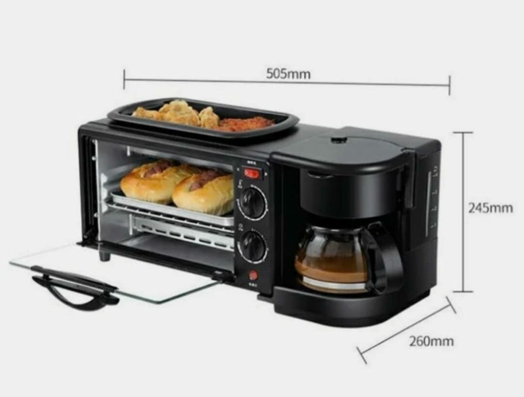 Мини-печь Три в одном печь/машина для завтрака/кофемашина, черный - фотография № 5
