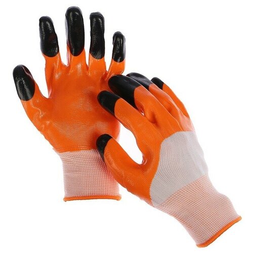 перчатки нейлоновые с нитриловым обливом размер 8 оранжевые Greengo Перчатки нейлоновые, с тройным нитриловым обливом, размер 9, цвет микс