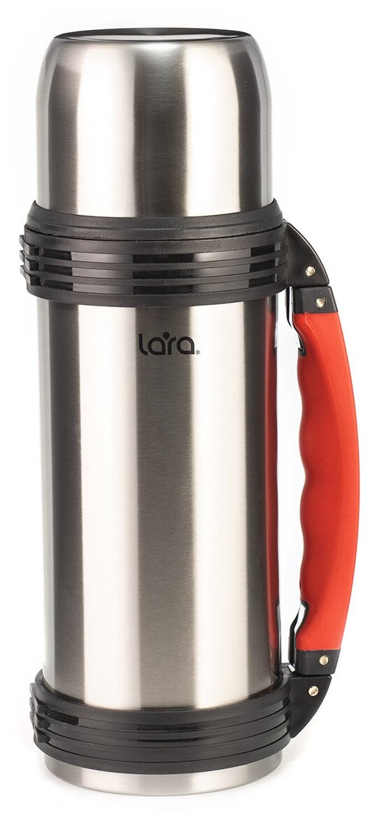 LR04-02 термос LARA - 1.00л, ручка, кнопка, ремешок, двойные стенки, крышка-стаканчик, нерж сталь