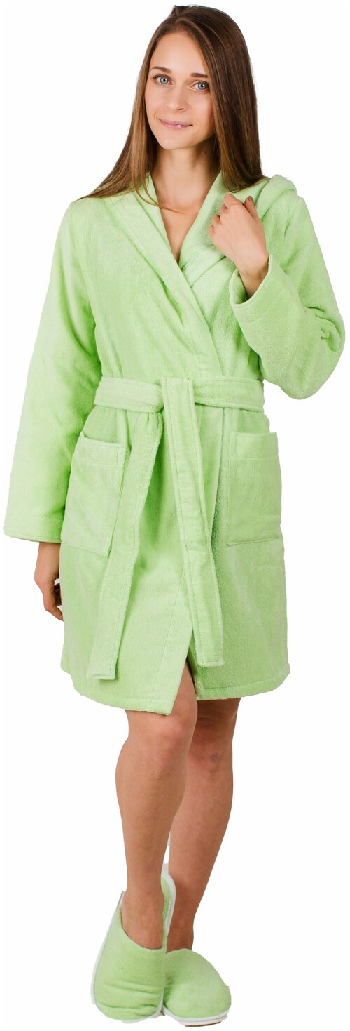 Халат РОСХАЛАТ укороченный, длинный рукав, пояс, карманы, капюшон, размер 50-52, зеленый