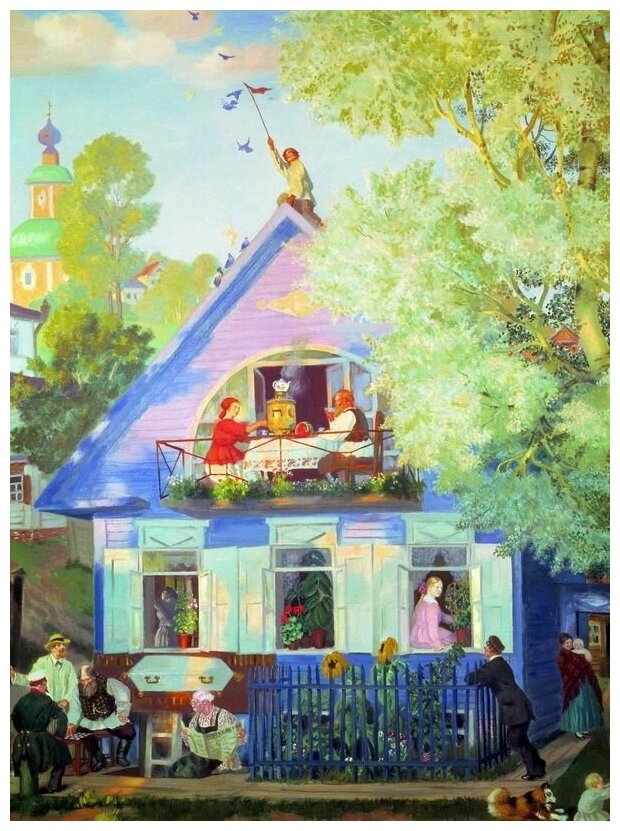 Репродукция на холсте Голубой домик (Blue house) Кустодиев Борис 50см. x 68см.