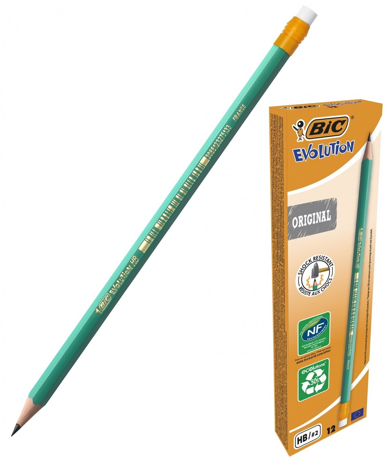 Карандаш чернографитный BIC Evolution Эко, HB, с ластиком (880332)