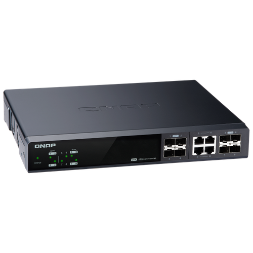 QNAP QSW-M804-4C 10 Gbps managed switch with 8 SFP + ports, 4 of which are combined with RJ-45, throughput up to 160 Gbps, JumboFrame support.