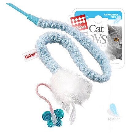 Дразнилка для кошек GiGwi Cat Toys на стеке с пером (75112), голубой/белый, 1шт.