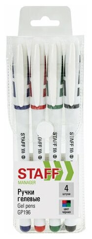 Ручки гелевые с грипом STAFF "Manager" GP-198, набор 4 цвета, корпус белый, узел 0,5 мм, 142395