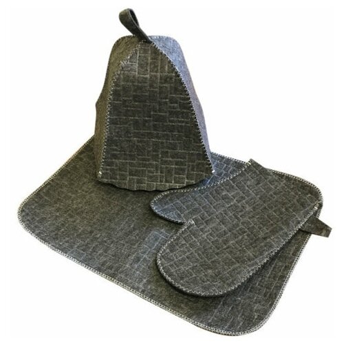 Родная Баня / Набор для бани Серый с тиснением (Шапка, коврик, рукавица, сумочка)