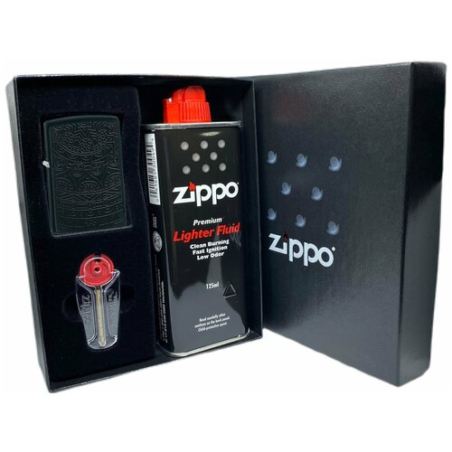 Подарочный набор ZIPPO ( Зажигалка ZIPPO 29989 Tone on Tone Design, черная, с покрытием Black Matte + кремни + топливо, 125 мл )